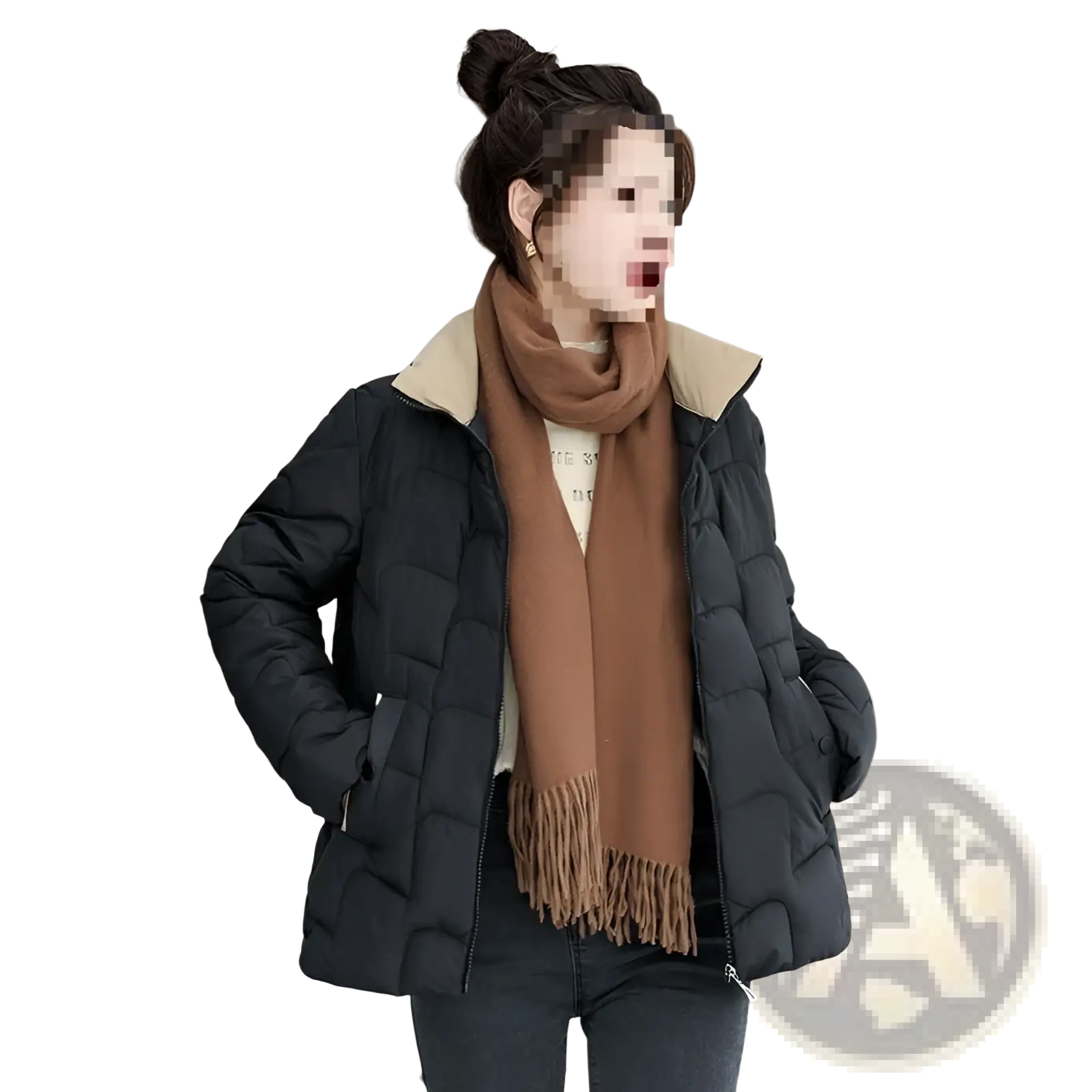 Black quilted cotton padded coat with beige collar and front zipper in korean style jacket design