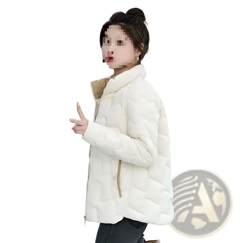 Cream-colored quilted cotton padded coat with high collar and beige inner lining korean style jacket