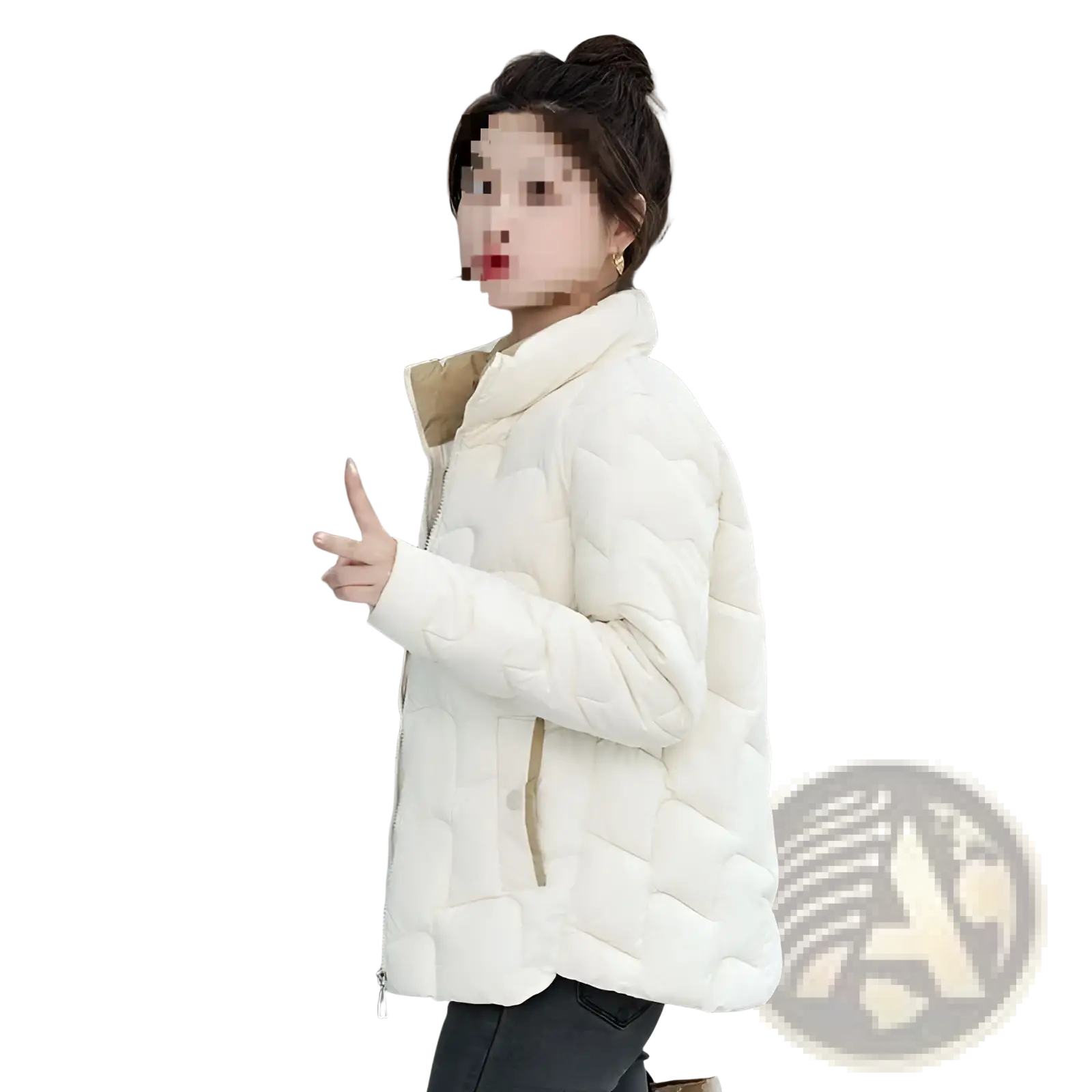 Cream-colored quilted cotton padded coat with high collar and beige inner lining korean style jacket