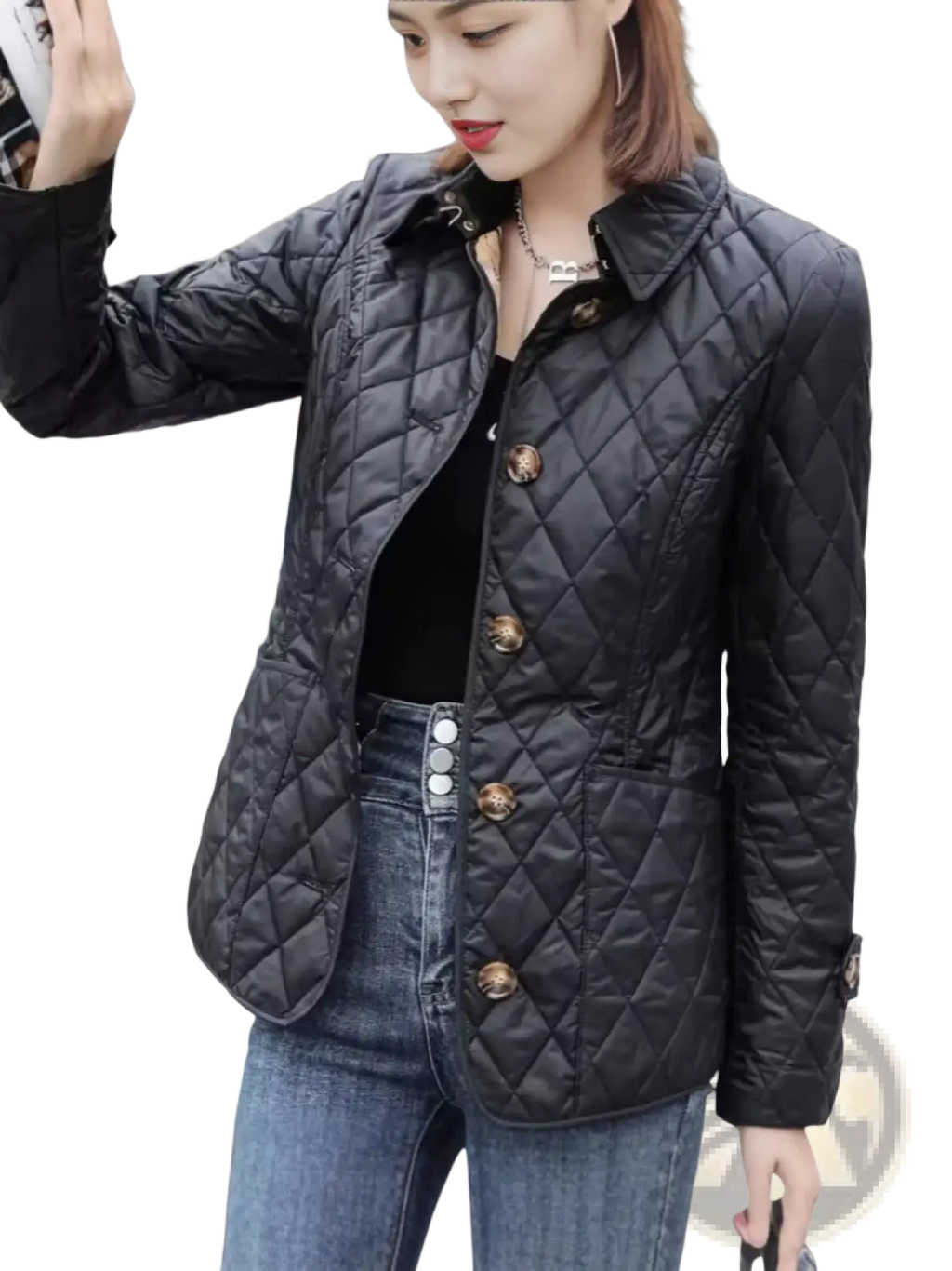 Black quilted cotton padded jacket slim fit with gold toned buttons for stylish warmth and comfort