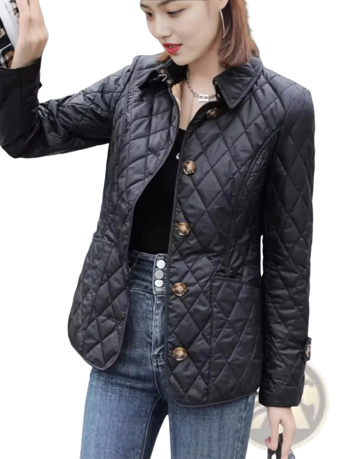 Black quilted cotton padded jacket slim fit with gold toned buttons for stylish warmth and comfort
