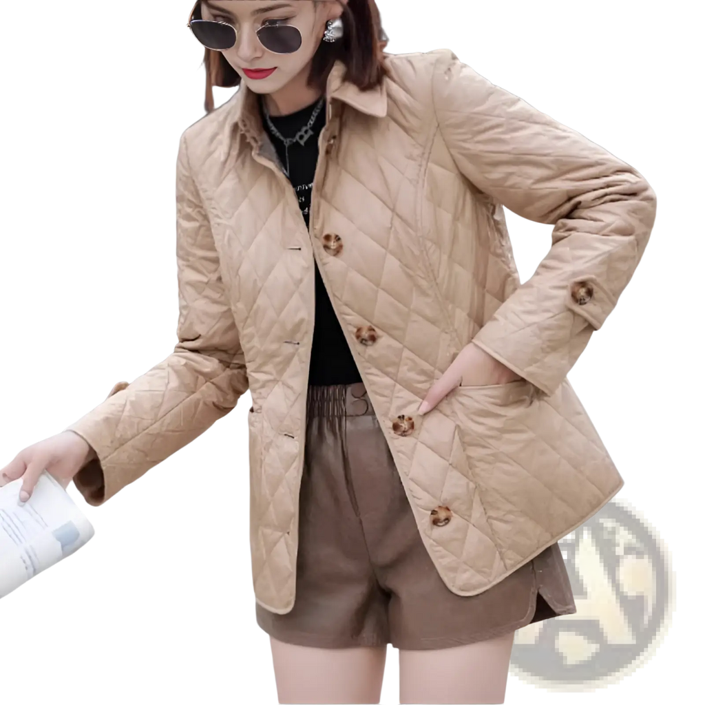 Beige slim fit quilted cotton padded jacket with classic collar and decorative buttons for stylish warmth