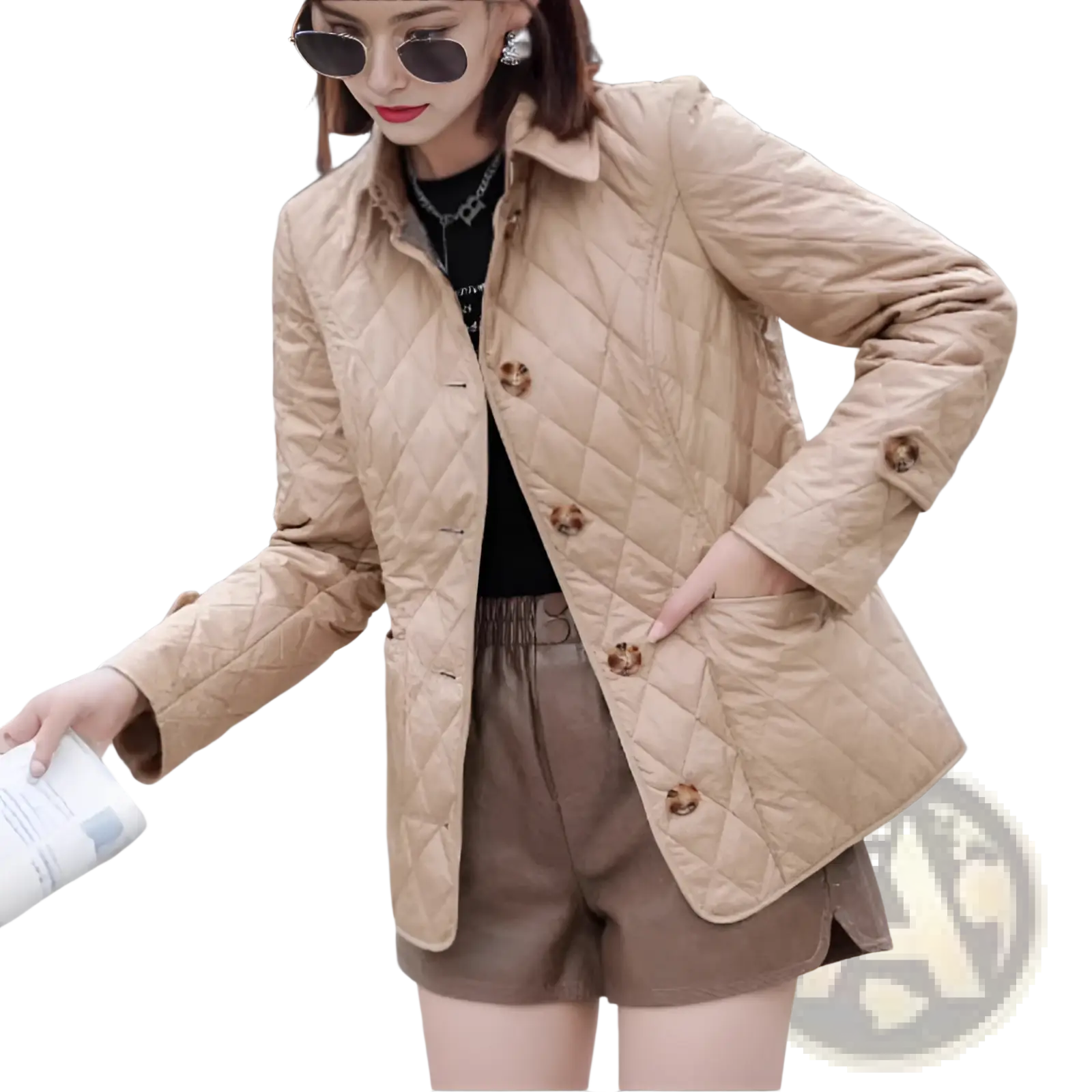 Beige slim fit quilted cotton padded jacket with classic collar and decorative buttons for stylish warmth
