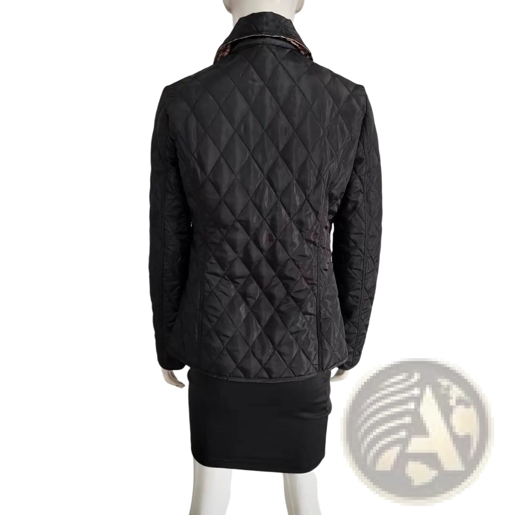 Black quilted cotton padded jacket slim fit with diamond stitching and contrasting patterned collar