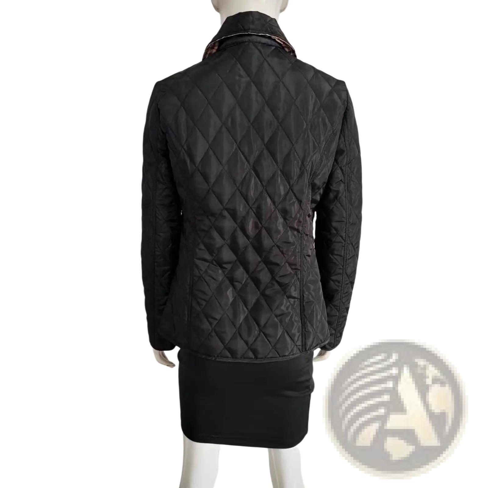 Black quilted cotton padded jacket slim fit with diamond stitching and contrasting patterned collar