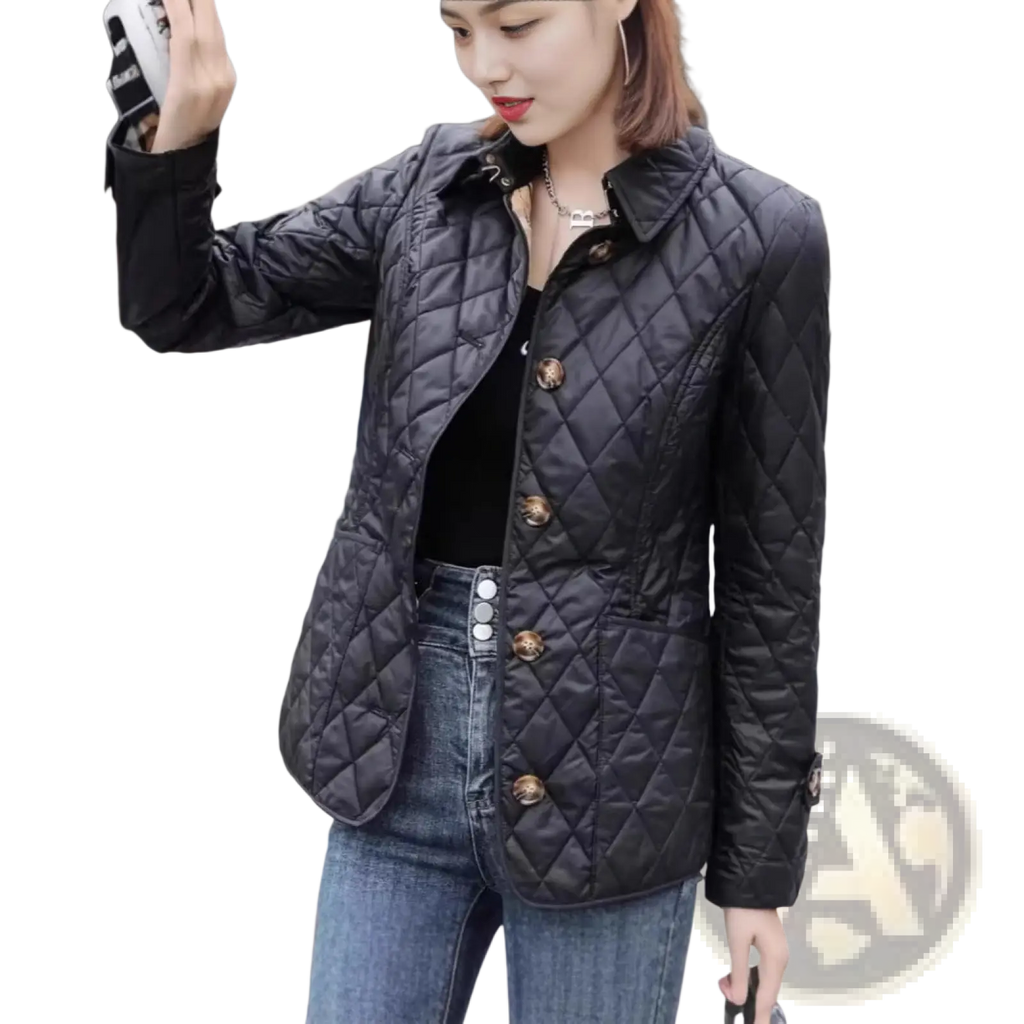 Black quilted cotton padded jacket slim fit with gold toned buttons and classic collar for stylish outerwear