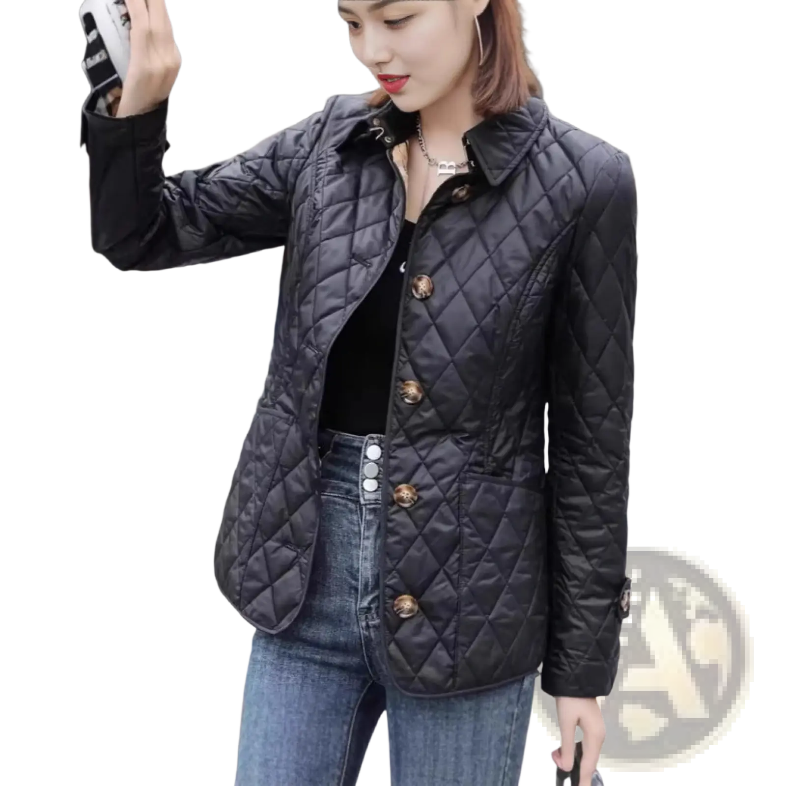 Black quilted cotton padded jacket slim fit with gold toned buttons and classic collar for stylish outerwear