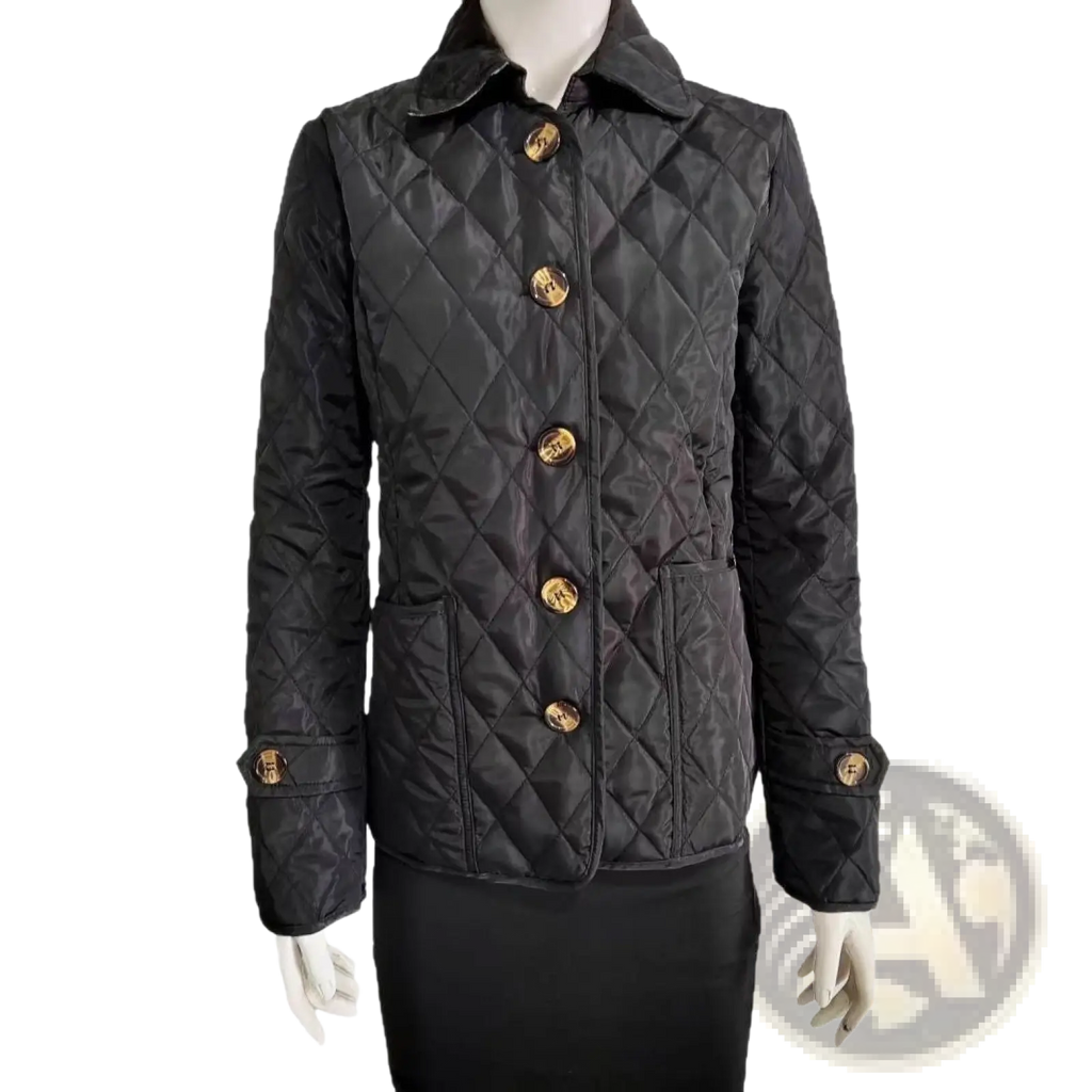 Black quilted cotton padded jacket slim fit with gold-tone buttons and a collar for stylish warmth