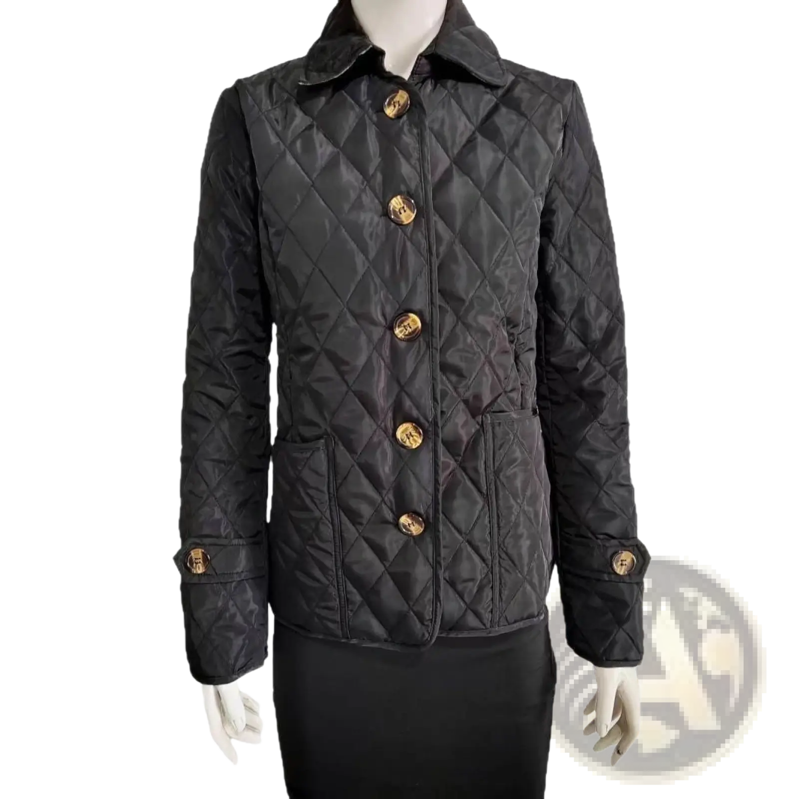 Black quilted cotton padded jacket slim fit with gold-tone buttons and a collar for stylish warmth