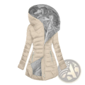 Beige quilted cotton winter coat with gray faux fur-lined hood and matching interior lining for cold weather use