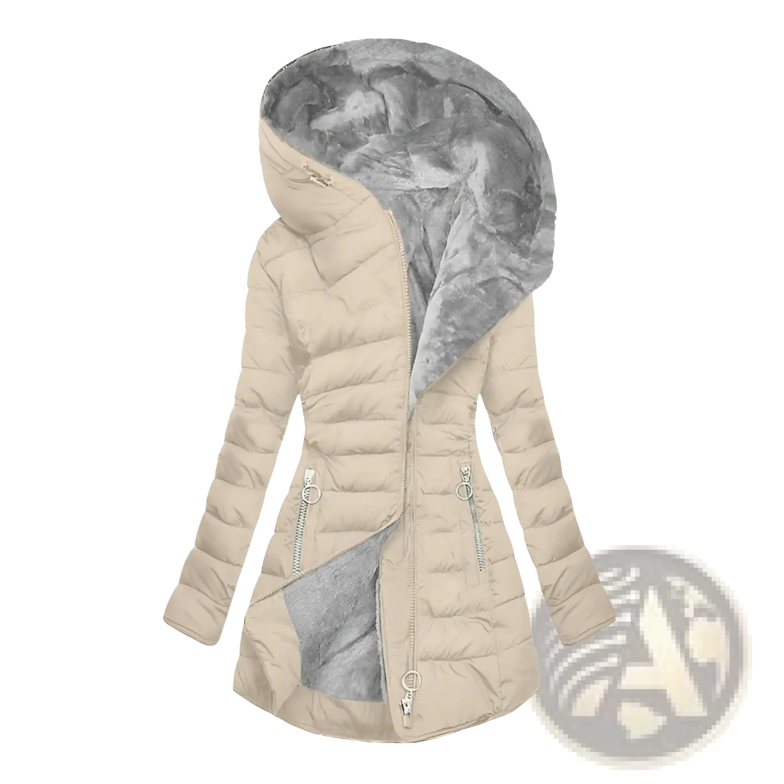 Beige quilted cotton winter coat with gray faux fur-lined hood and matching interior lining for cold weather use
