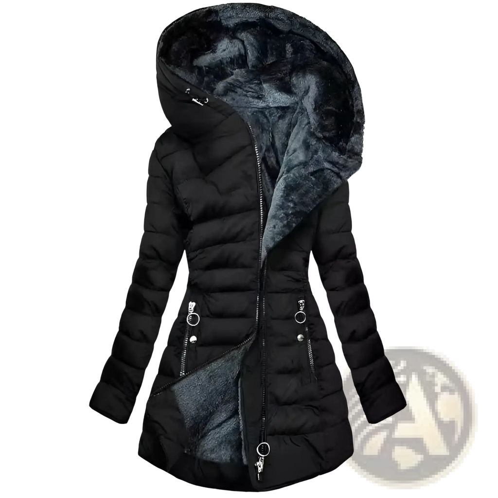 Black quilted cotton winter coat with plush dark gray faux fur-lined hood and matching interior lining
