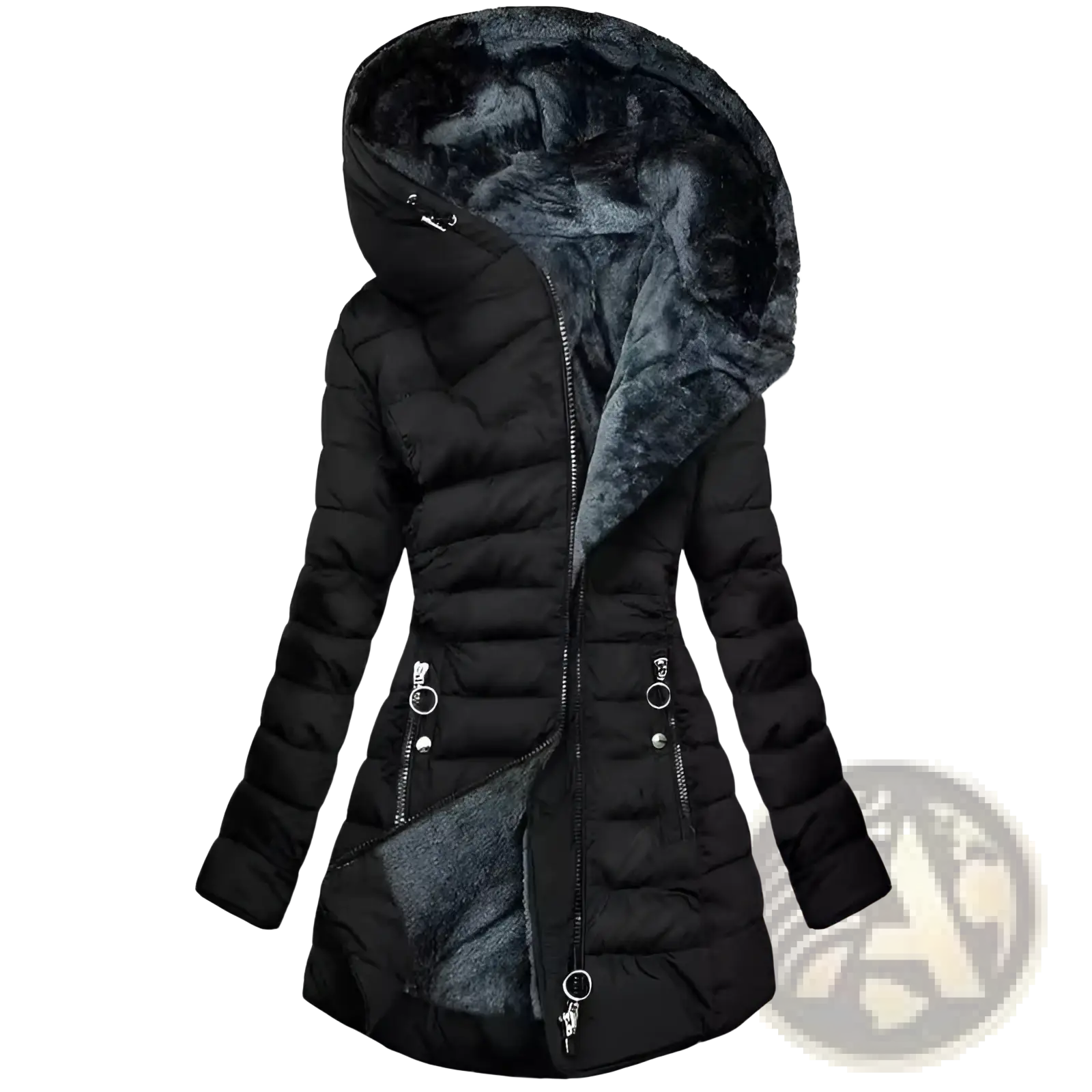 Black quilted cotton winter coat with plush dark gray faux fur-lined hood and matching interior lining