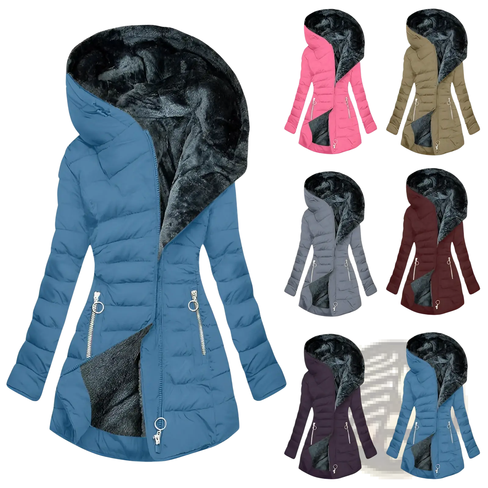 Blue quilted cotton winter coat with plush black faux fur-lined hood and silver zippers for cold weather use