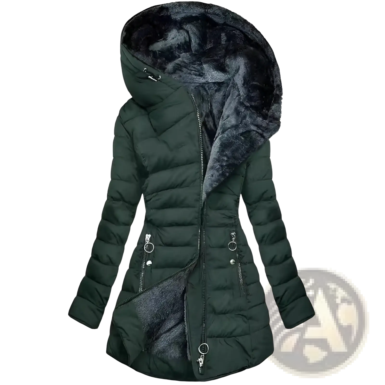 Dark green quilted cotton winter coat with plush dark gray faux fur-lined hood and matching interior lining