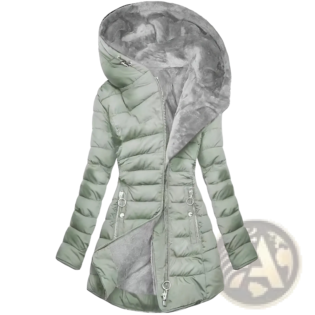 A light green quilted cotton winter coat with a detachable gray faux fur hood and silver-toned zippers