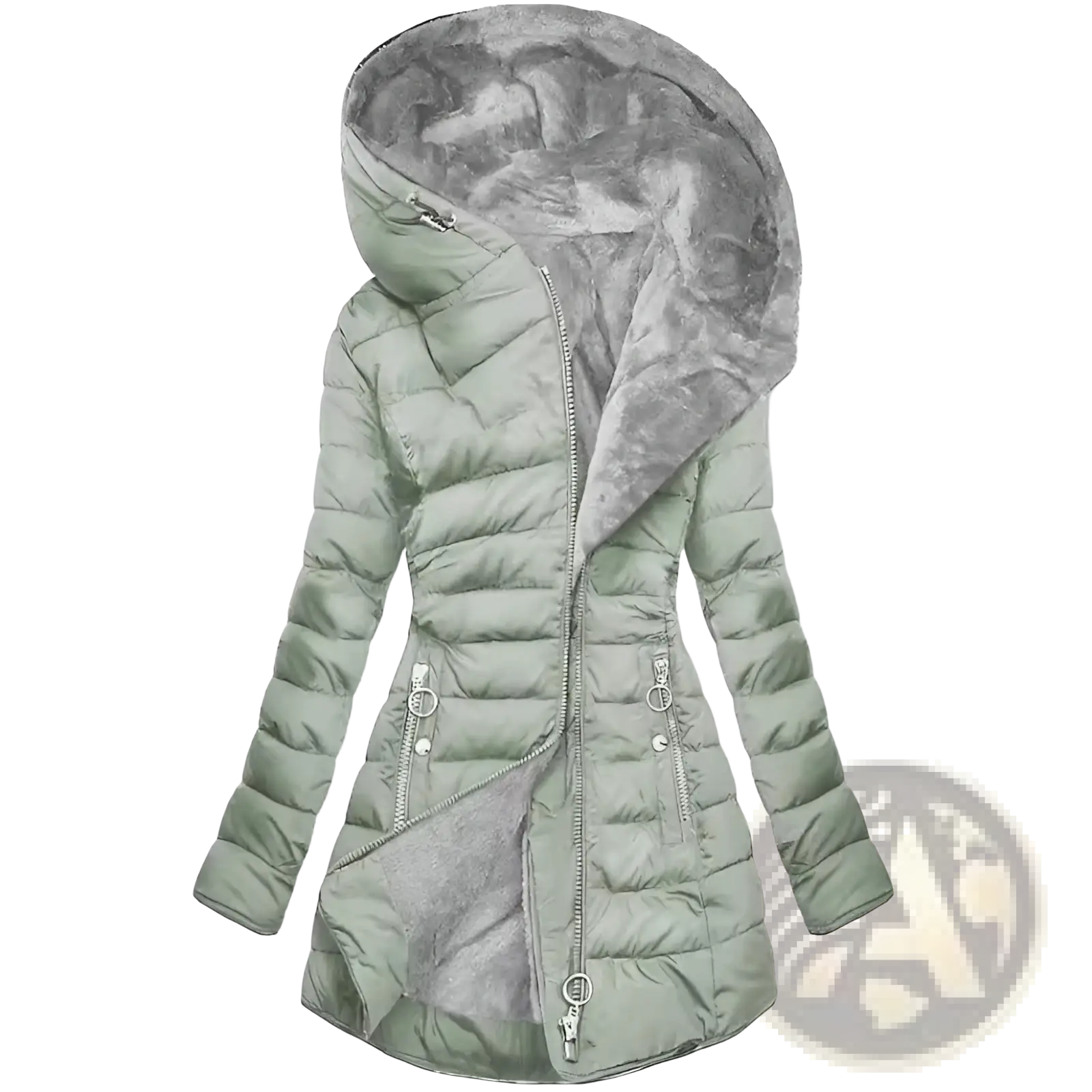 A light green quilted cotton winter coat with a detachable gray faux fur hood and silver-toned zippers