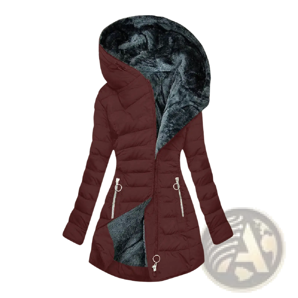 Maroon quilted cotton winter coat with detachable dark gray faux fur hood and silver zipper pulls