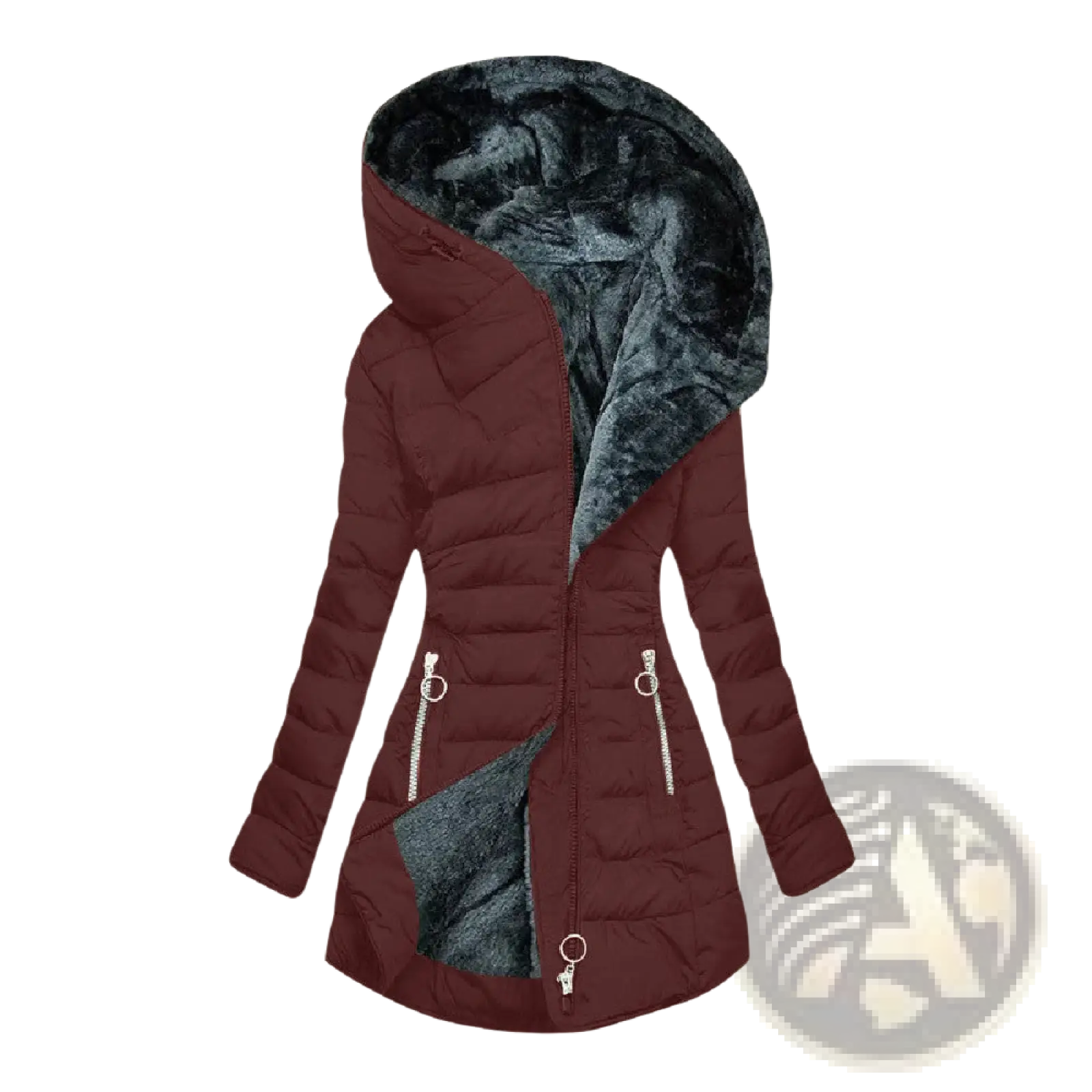 Maroon quilted cotton winter coat with detachable dark gray faux fur hood and silver zipper pulls