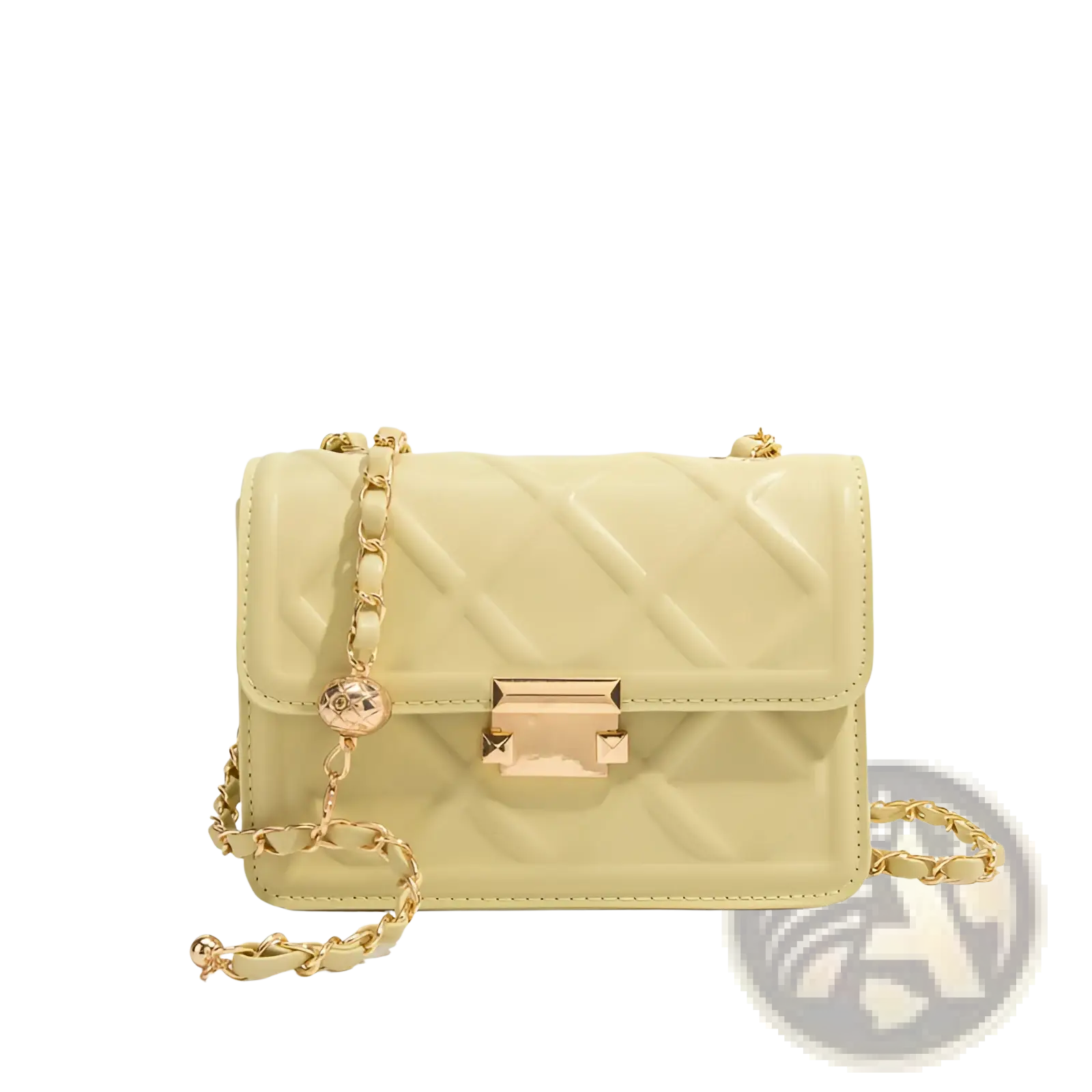 A pale yellow quilted crossbody bag with gold chain strap and matching gold-tone hardware for stylish wear
