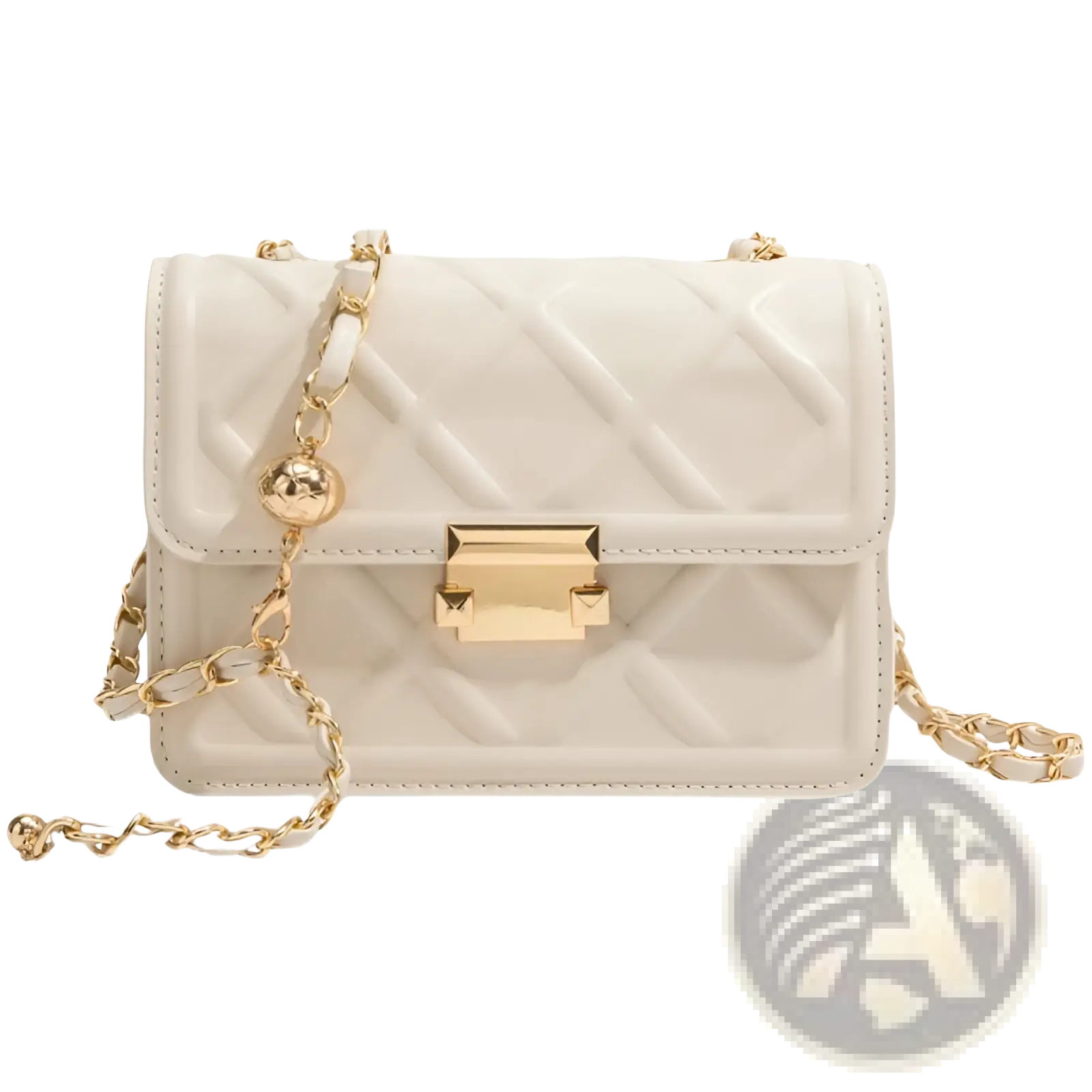 Cream-colored quilted crossbody bag with gold-tone chain strap and clasp for stylish everyday use