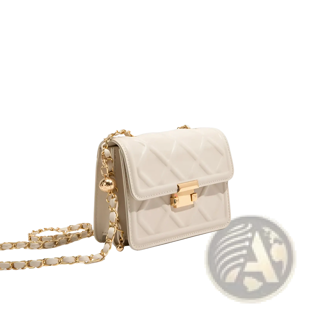 Cream-colored quilted crossbody bag with gold-tone chain strap and clasp for elegant daily use