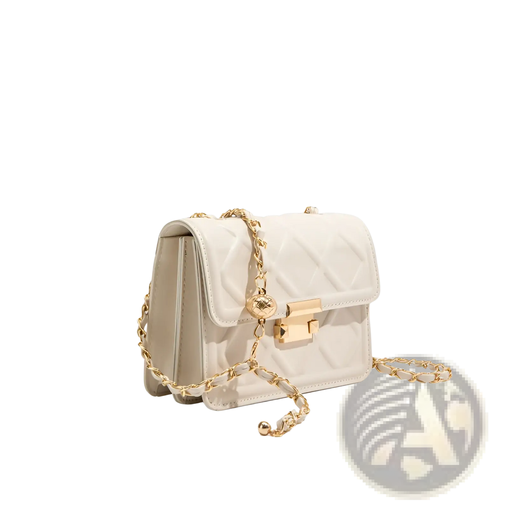 A sleek off-white quilted crossbody bag with gold-tone chain strap and clasp for stylish everyday use
