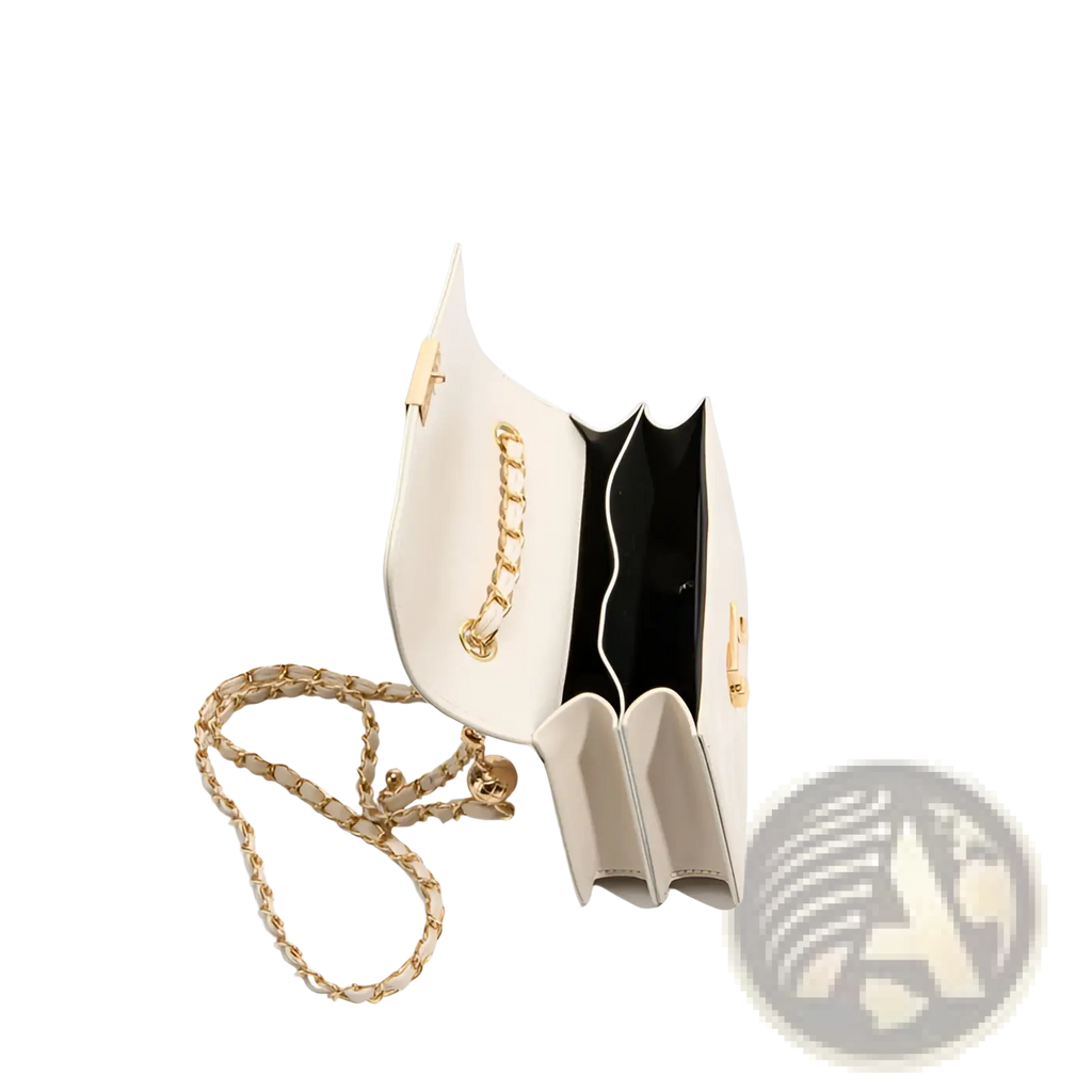 A sleek white leather quilted crossbody bag with a gold chain strap and matching hardware