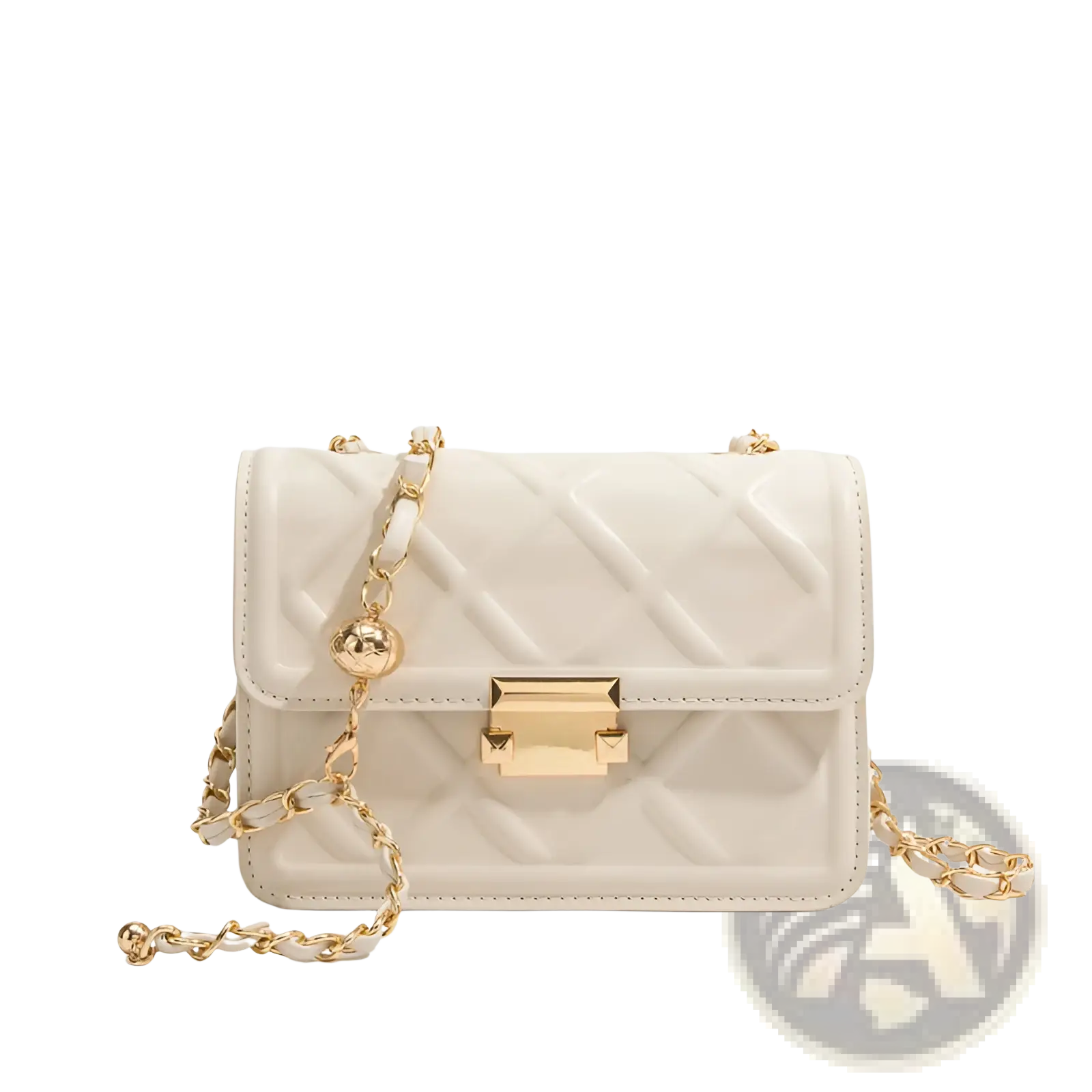 Cream-colored quilted crossbody bag with gold-tone chain strap and clasp ideal for stylish everyday use