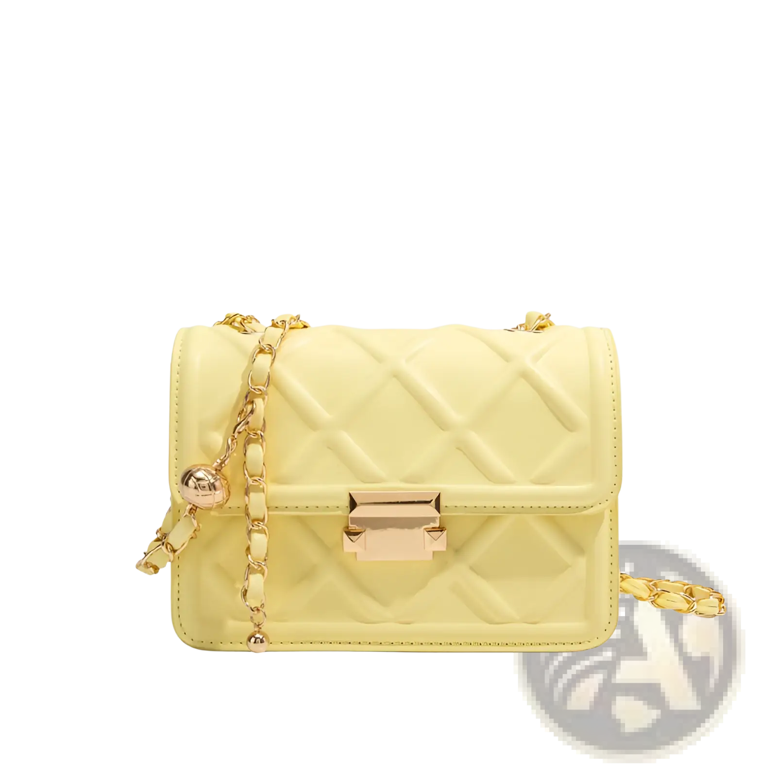 A pale yellow quilted crossbody bag with gold-tone chain straps and matching clasp for stylish wear
