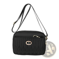 Black quilted crossbody bag with gold hardware and central oval logo plaque for stylish everyday use