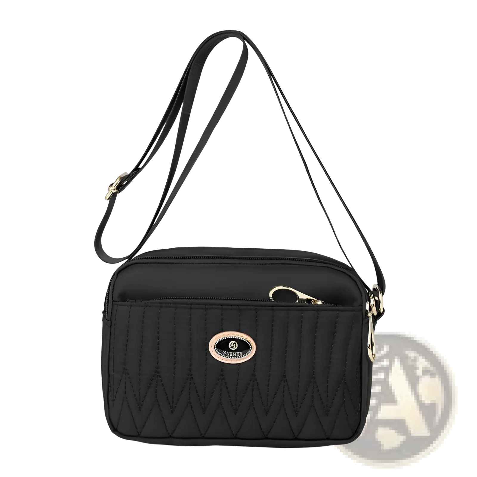 Black quilted crossbody bag with gold hardware and central oval logo plaque for stylish everyday use