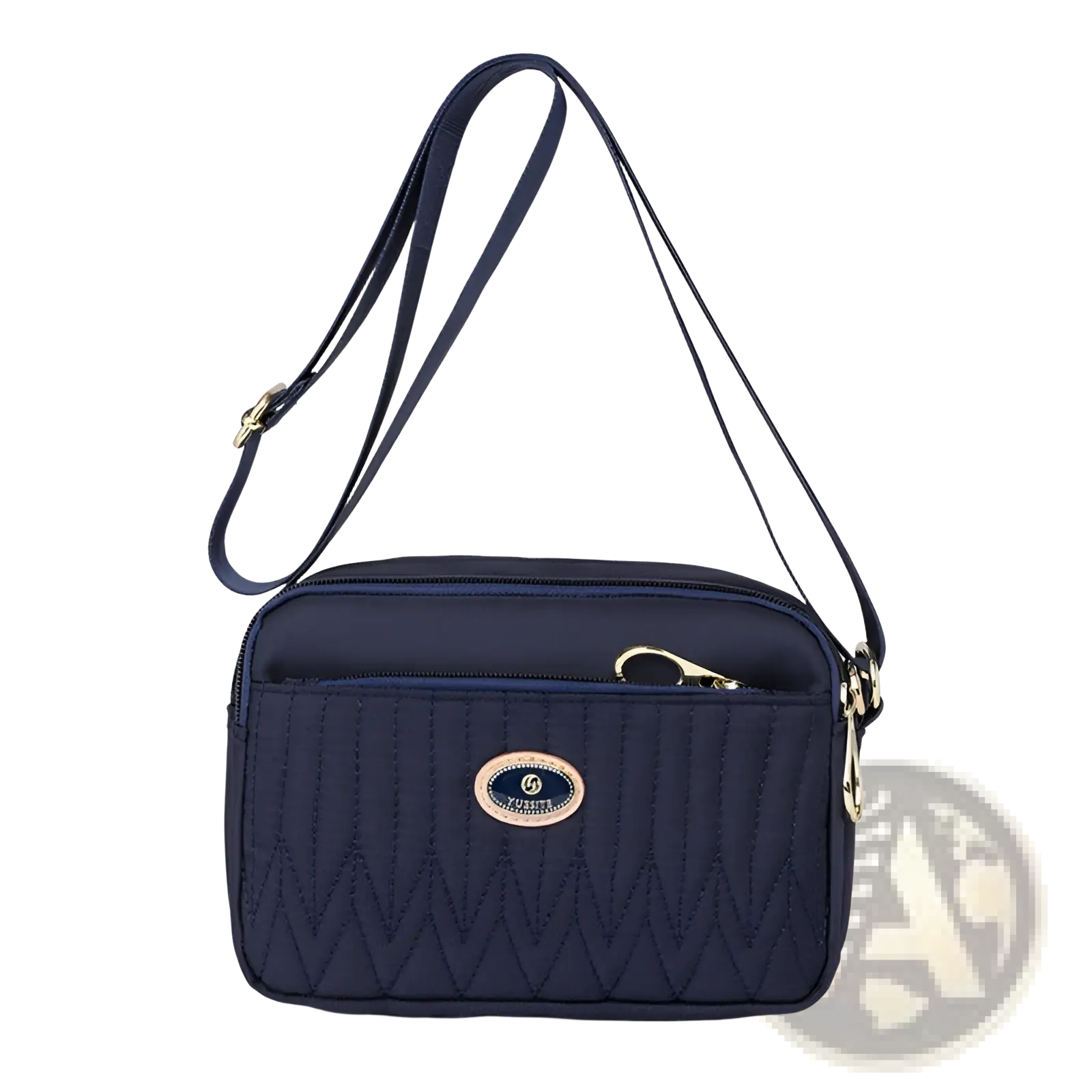 Navy blue quilted crossbody bag with gold tone hardware and central oval logo plaque for stylish carry