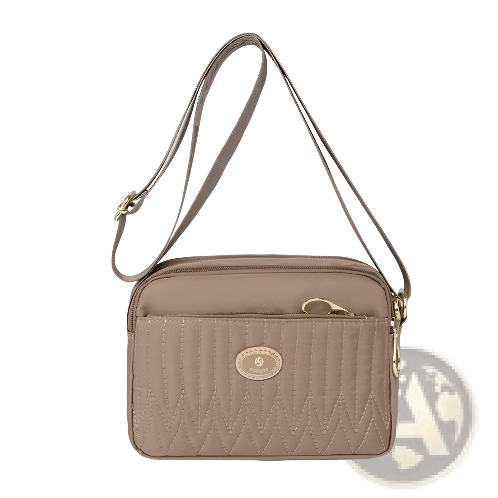 Beige quilted crossbody bag with gold-tone hardware and woven strap for stylish hands-free carrying