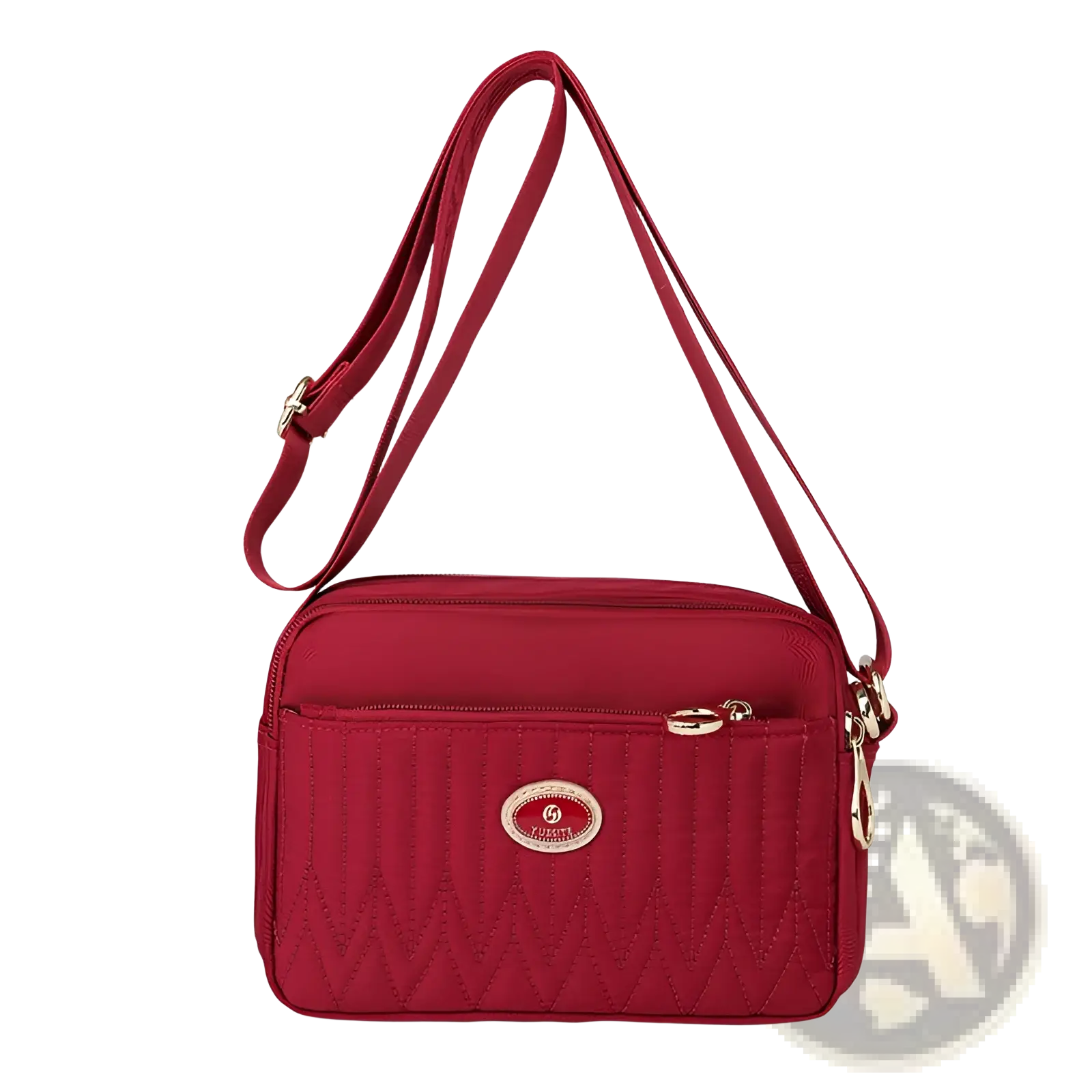 Red quilted crossbody bag with gold hardware and strap featuring a circular logo plaque