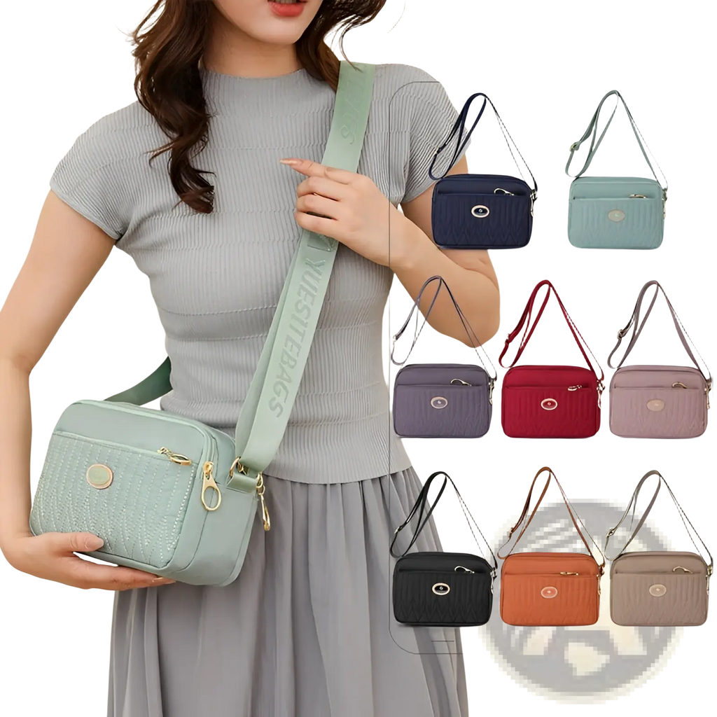 Light green quilted crossbody bag with textured material, gold hardware, and matching adjustable strap