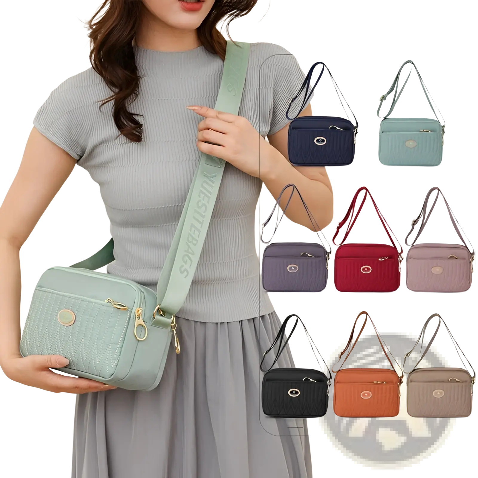 Light green quilted crossbody bag with textured material, gold hardware, and matching adjustable strap