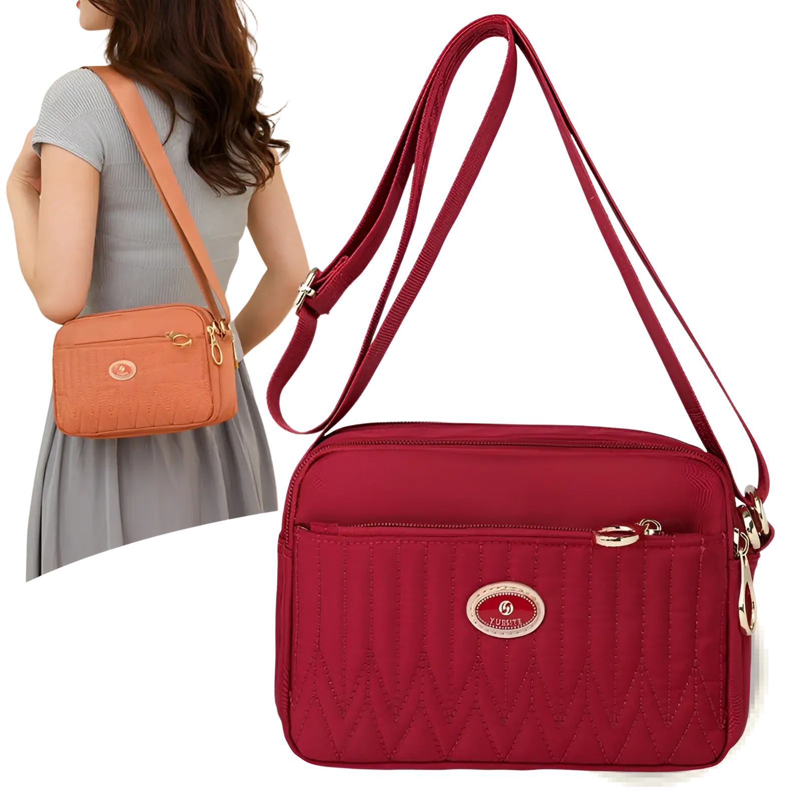 Red quilted crossbody bag with gold-tone hardware and circular logo plaque on front for stylish hands-free use