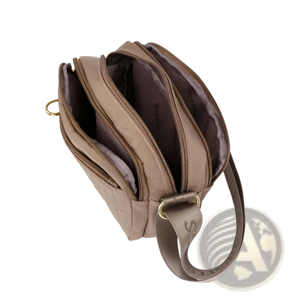 Tan quilted crossbody bag with multiple zippered compartments gold-tone hardware and adjustable strap for everyday use
