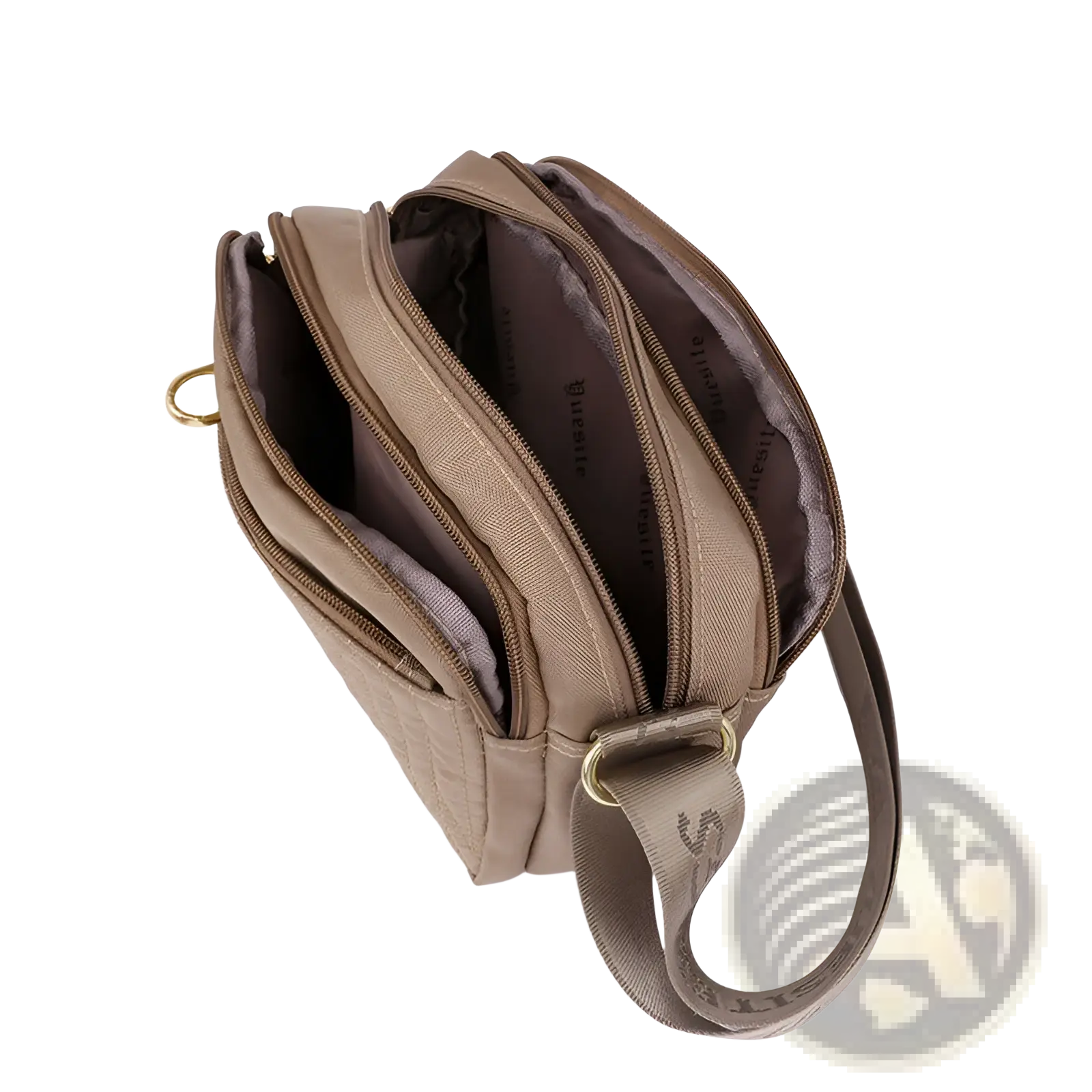 Tan quilted crossbody bag with multiple zippered compartments gold-tone hardware and adjustable strap for everyday use