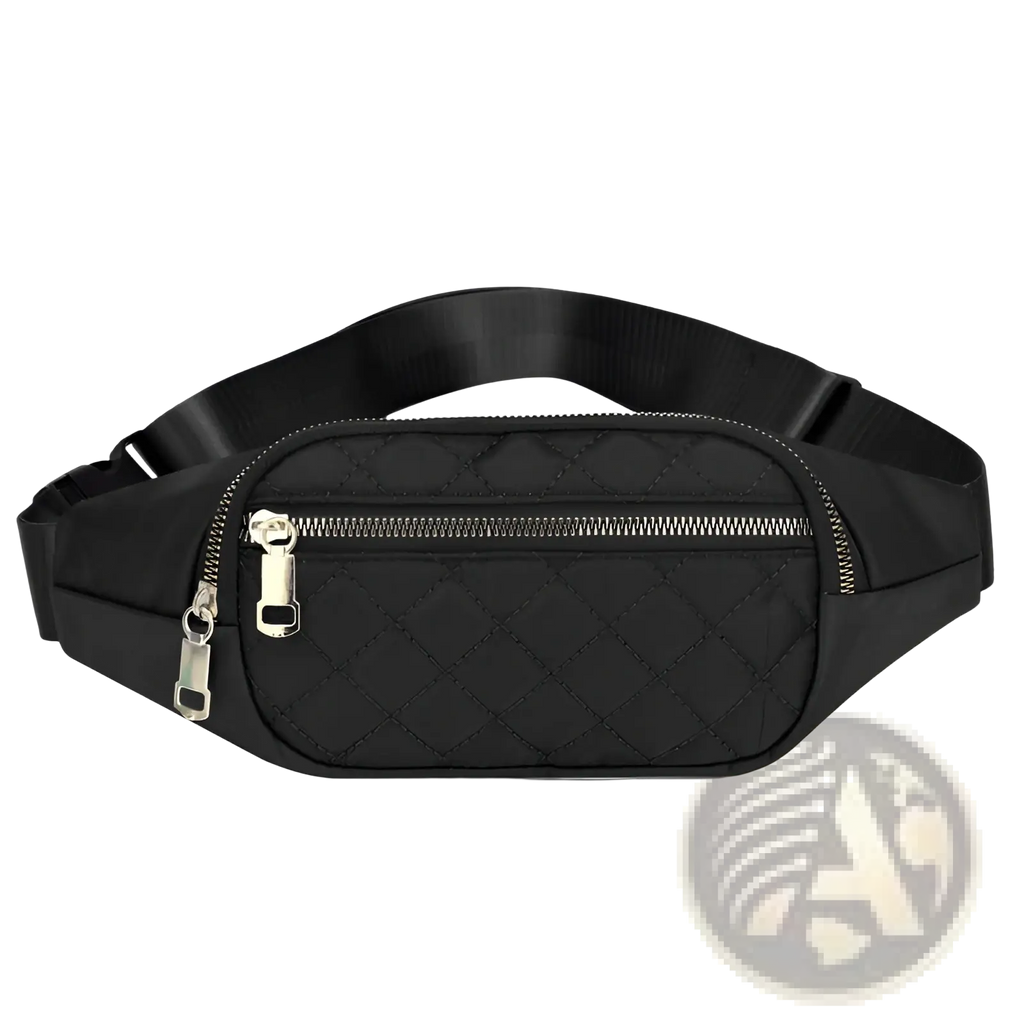 Black quilted nylon crossbody fanny pack for women with silver zippers and adjustable strap for sports use
