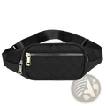 Black quilted nylon crossbody fanny pack for women with silver zippers and adjustable strap for sports use