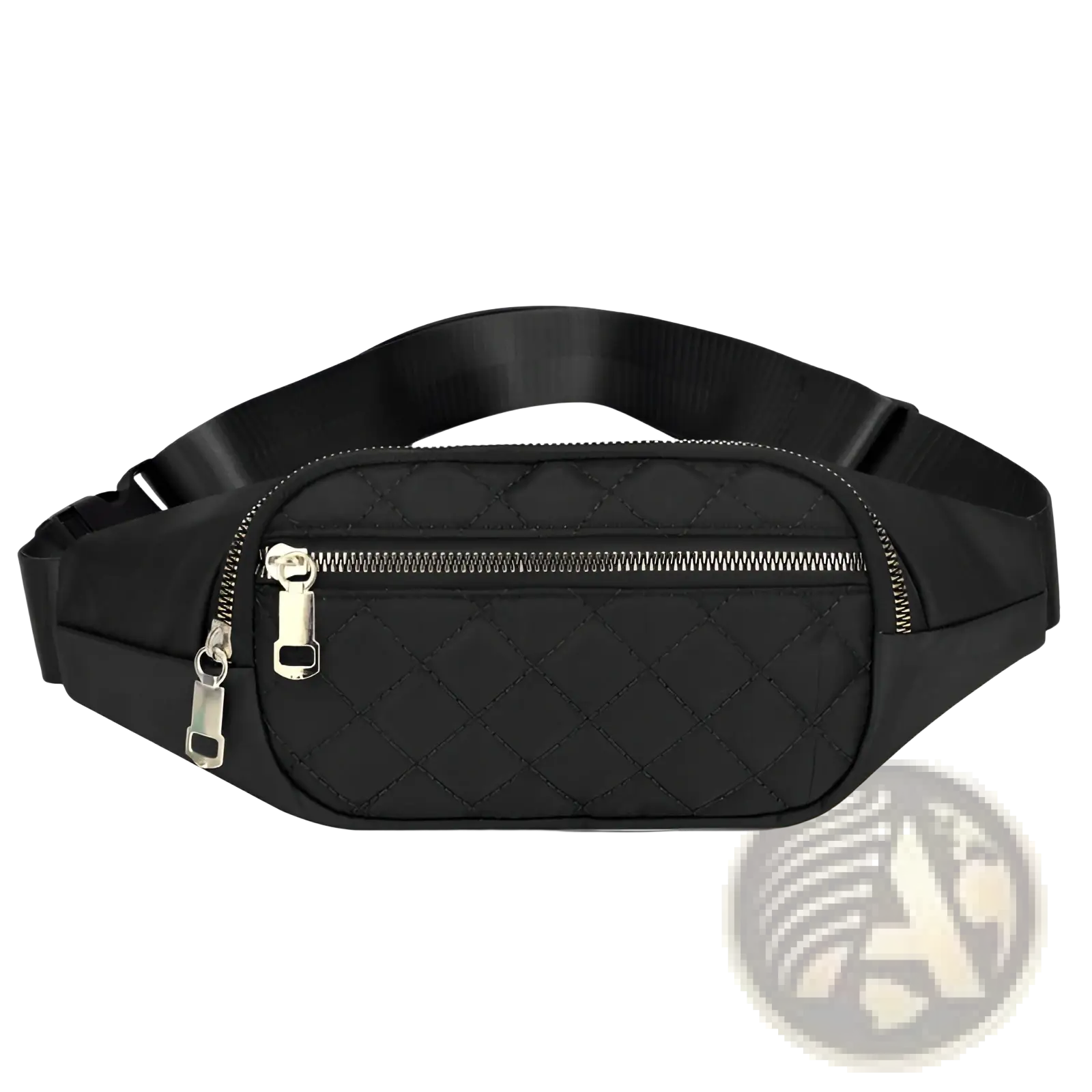 Black quilted nylon crossbody fanny pack for women with silver zippers and adjustable strap for sports use