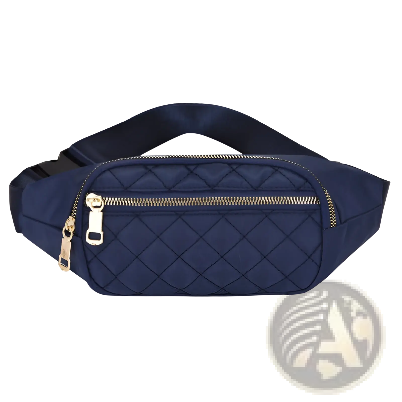 Navy blue quilted nylon crossbody fanny pack for women with gold-tone zipper and buckle for sports use