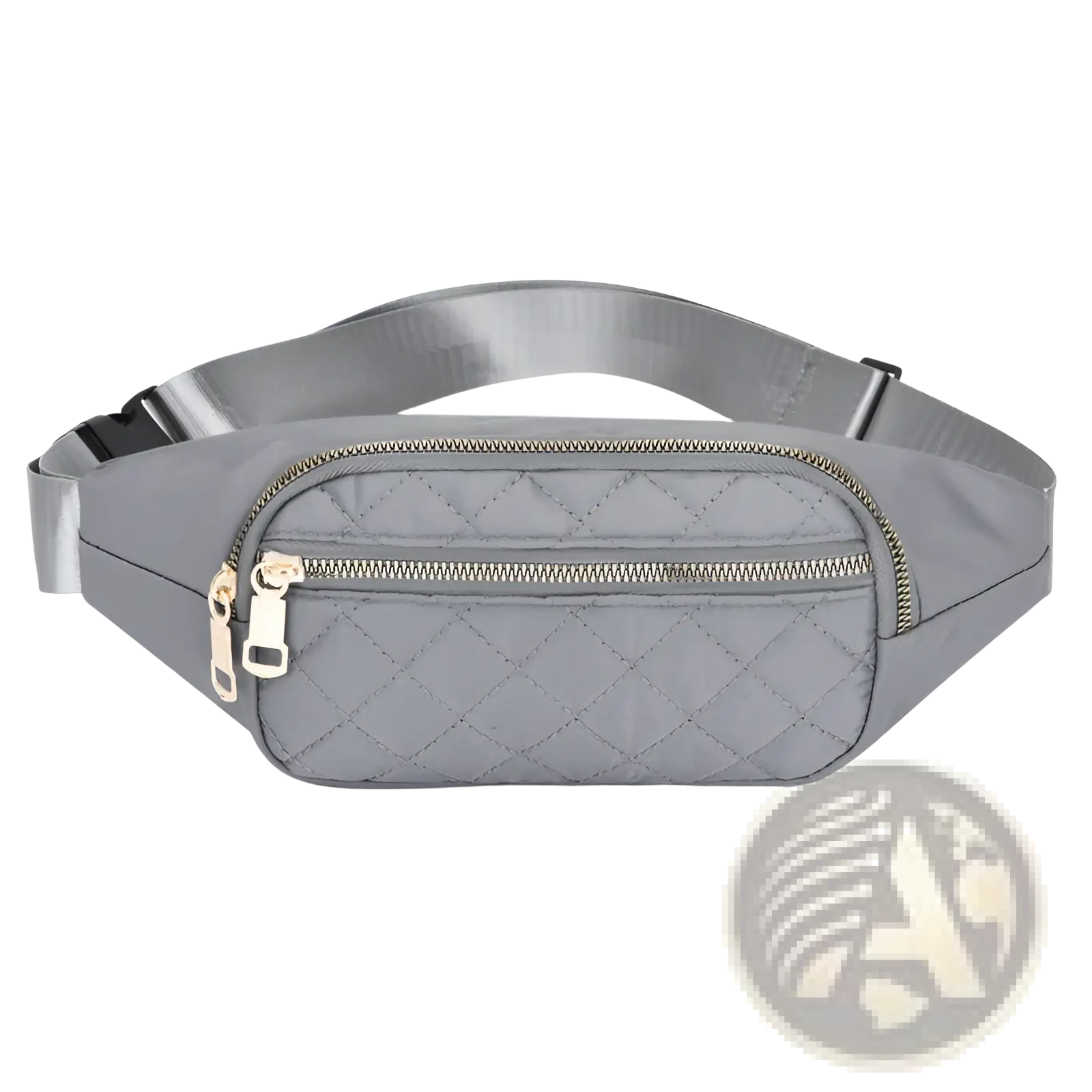 Gray quilted nylon fanny pack with silver zippers and adjustable strap for women and sports use
