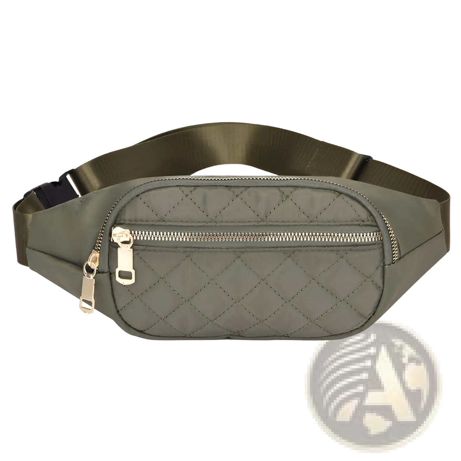 Olive green quilted nylon crossbody fanny pack for women with gold-tone zippers and adjustable strap for sports use