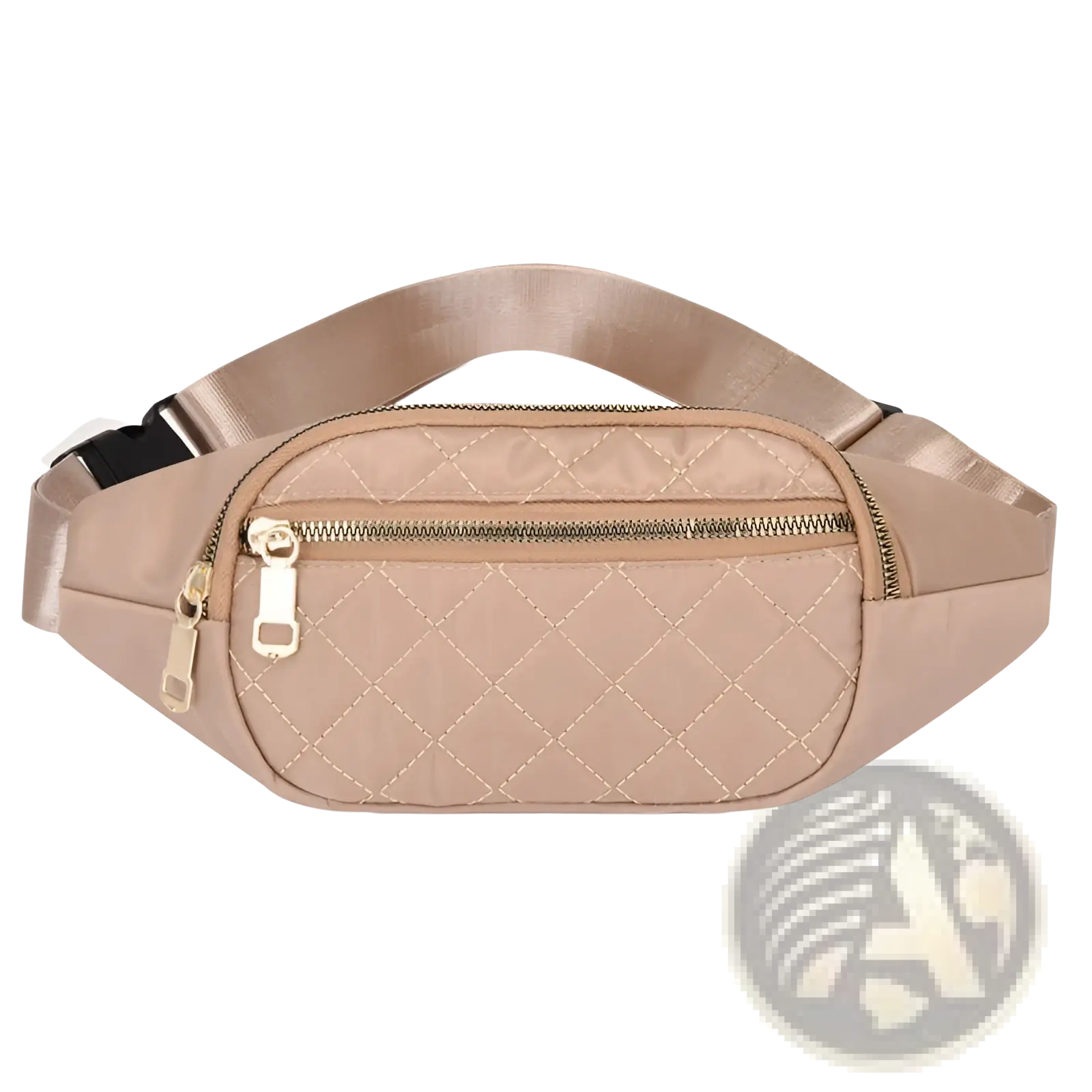 Beige quilted nylon crossbody fanny pack for women with gold-tone zippers and adjustable strap for sports use