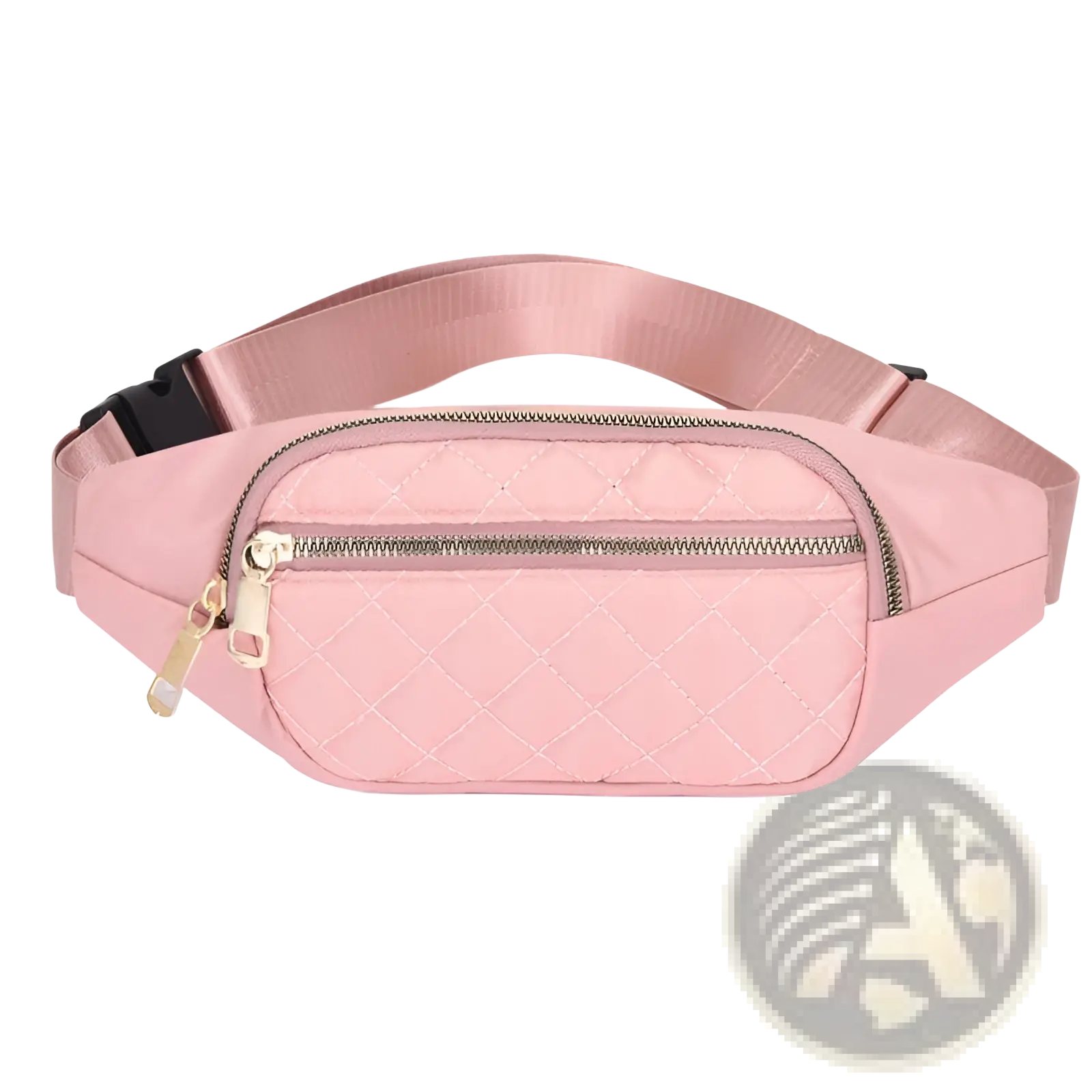 Pink quilted nylon crossbody fanny pack for women with silver zippers and adjustable strap ideal for sports use