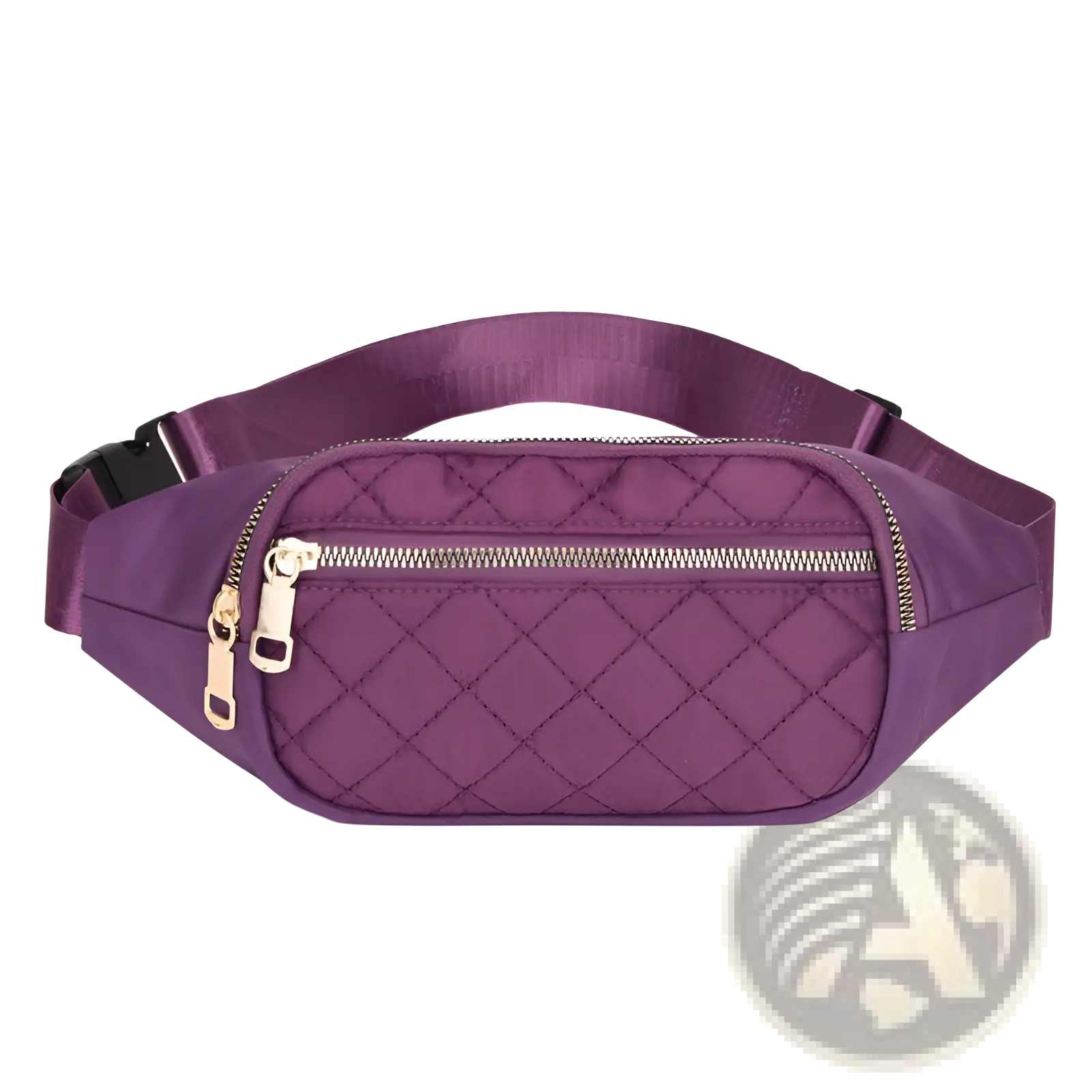Purple quilted nylon crossbody fanny pack for women with gold-tone zipper and buckle designed for sports use