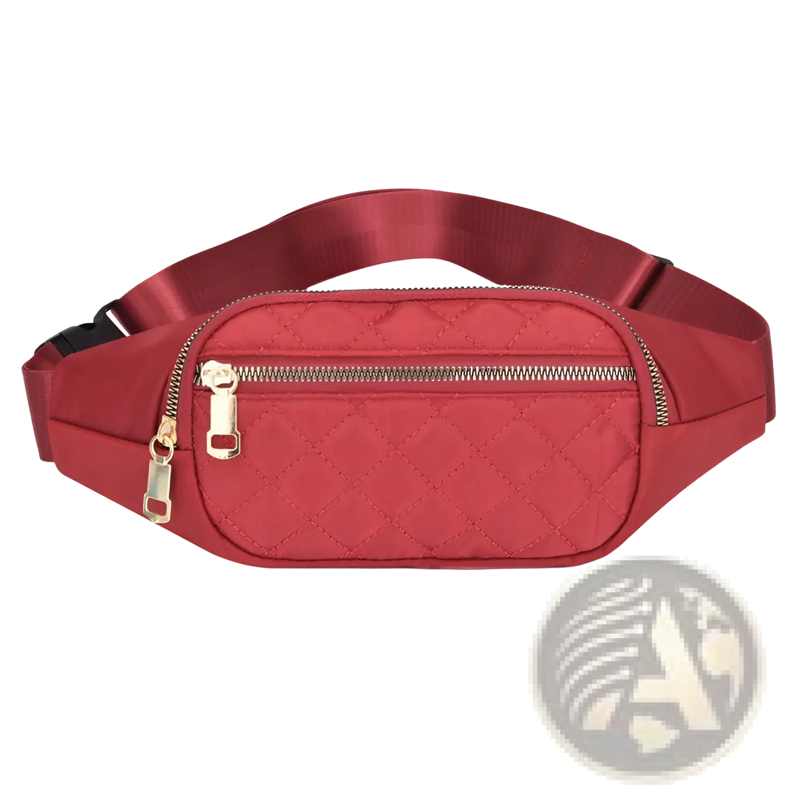 Red quilted nylon crossbody fanny pack for women with gold-tone zippers and an adjustable matching strap for sports